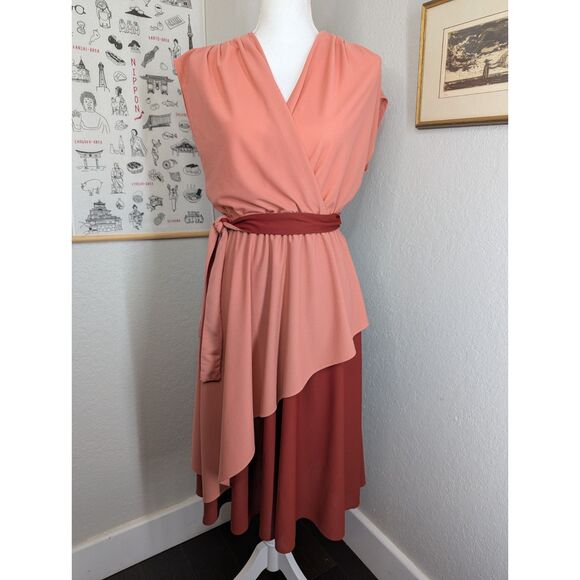Vintage Draped Wraped Midi Dress Belted Contrasting Peach Maroon Size 12 Grecian - Picture 2 of 9